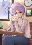  1girl absurdres blowing clock commission commissioner_upload cup fire_emblem fire_emblem:_genealogy_of_the_holy_war fire_emblem_heroes hair_ornament highres holding holding_cup ishtar_(fire_emblem) long_hair nassss open_mouth ponytail purple_hair sitting solo sweater table turtleneck turtleneck_sweater violet_eyes 