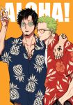  2boys black_hair cigarette earrings green_hair hand_in_pocket hand_on_another&#039;s_shoulder hawaiian_shirt highres holding holding_cigarette jewelry male_focus multiple_boys one_piece open_mouth roronoa_zoro shido shirt short_hair sunglasses tattoo trafalgar_law yellow_eyes 