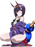  1girl bangs bare_shoulders bob_cut breasts chikuishi collarbone eyeliner fate/grand_order fate_(series) gourd grin headpiece horns japanese_clothes kimono long_sleeves looking_at_viewer makeup obi off_shoulder oni oni_horns purple_hair purple_kimono revealing_clothes sash shiny shiny_skin short_hair short_kimono shuten_douji_(fate) skin-covered_horns small_breasts smile solo squatting thighs violet_eyes wide_sleeves 