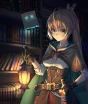  absurdres book brown_corset cloak dagger friend_(nanashi_mumei) highres hololive hololive_english knife lantern library looking_at_viewer moon_(restire) nanashi_mumei virtual_youtuber weapon 