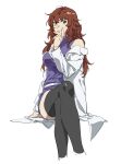  1girl bangs belt black_legwear breasts brown_hair crossed_legs eyebrows_visible_through_hair gundam gundam_00 gundam_00_a_wakening_of_the_trailblazer hand_on_own_face highres invisible_chair jacket looking_at_viewer medium_breasts meena_carmine nanao_parakeet purple_shirt shirt sitting smile solo thigh-highs white_background white_belt white_jacket 