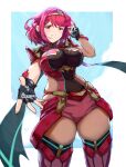  1girl absurdres bangs black_gloves breasts chest_jewel earrings fingerless_gloves gloves highres jewelry large_breasts pyra_(xenoblade) red_eyes red_legwear red_shorts redhead shizuki_muika short_hair short_shorts shorts solo swept_bangs thigh-highs tiara xenoblade_chronicles_(series) xenoblade_chronicles_2 