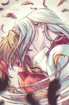 1boy 1girl 2021 aerith_gainsborough bow braid braided_ponytail brown_hair couple dated dutch_angle elena_ivlyushkina feathers final_fantasy final_fantasy_vii floating_hair hair_bow hair_over_eyes hetero highres jacket kiss long_hair ponytail red_bow red_jacket sephiroth silver_hair twitter_username upper_body