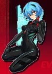  1girl ayanami_rei banned_artist black_bodysuit blue_hair bodysuit breasts evangelion:_3.0+1.0_thrice_upon_a_time eyebrows_visible_through_hair full_body hair_between_eyes highres looking_at_viewer medium_breasts neon_genesis_evangelion plugsuit rebuild_of_evangelion red_eyes reiq short_hair solo 