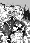  +_+ 1boy abs ahoge arataki_itto artist_name body_markings commentary english_commentary fang fire genshin_impact greyscale high_collar highres horns ink jacket long_hair luffie male_focus monochrome muscular muscular_male oni oni_horns parted_lips rope short_sleeves signature smile solo spiky_hair tassel upper_body vision_(genshin_impact) 