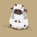  :3 absurdres artist_name closed_mouth commentary_request flower grass hair_flower hair_ornament highres no_humans pokemon pokemon_(creature) pokemon_(game) pokemon_swsh sidelocks simple_background sitting solo treyer wooloo 