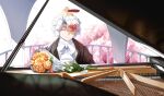  1boy ahoge animal_on_head bird bird_on_head bouquet closed_eyes cursed_musician highres instrument maou-jou_de_oyasumi multicolored_hair music on_head phyntaxias piano playing_instrument railing short_hair solo streaked_hair two-tone_hair white_neckwear 