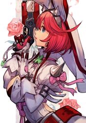  1girl belt blue_eyes breasts clover elphelt_valentine flower four-leaf_clover from_side gloves guilty_gear guilty_gear_xrd gun handgun hankuri large_breasts parted_lips pink_hair pink_ribbon ribbon rose short_hair solo tiara trigger_discipline veil weapon 