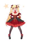  1girl ascot blonde_hair bow cranberry_spencer dress drill_hair eyebrows_visible_through_hair hair_bow hands_on_hips highres isekai_shinige_ojousama long_hair looking_at_viewer off-shoulder_dress off_shoulder oyaji-sou pantyhose pigeon-toed red_eyes shoes solo twin_drills twintails 