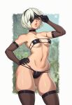 1girl absurdres bikini black_bikini black_legwear breasts covered_nipples elbow_gloves eyepatch eyepatch_bikini eyepatch_lift gloves hairband hand_on_hip highres looking_at_viewer medium_breasts mole mole_under_mouth navel nier_(series) nier_automata o3o parted_lips riz short_hair skindentation solo stomach swimsuit thigh-highs thighs toned yorha_no._2_type_b 