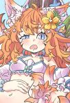  1girl absurdres animal_ears bangs bare_shoulders blue_eyes breasts eight-tailed_fox_nari flower fox_ears guardian_tales hair_flower hair_ornament hand_on_own_stomach highres long_hair looking_at_viewer open_mouth orange_hair pota simple_background solo swimsuit 