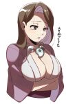  1girl ace_attorney arms_under_breasts bead_necklace beads breasts brown_hair coat ganbare_(hnct4244) grey_eyes jewelry mia_fey mole mole_under_mouth necklace pearl_fey solo translation_request white_background wide_sleeves 