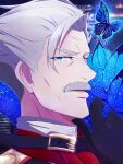  1boy animal belt belt_buckle black_belt black_gloves blue_eyes buckle bug butterfly choco_(chocovix112) commentary facial_hair fate/grand_order fate_(series) forehead gloves grey_hair hand_up highres james_moriarty_(fate) looking_at_viewer male_focus mustache parted_lips solo thick_eyebrows v-shaped_eyebrows 