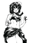  1girl ahoge bikini braid breasts cowboy_shot gouta_(nagishiro6624) hair_flaps hair_ornament highres kantai_collection long_hair monochrome remodel_(kantai_collection) sarong shigure_(kancolle) small_breasts solo swimsuit 