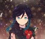  1boy androgynous bangs black_hair blue_hair blush braid closed_mouth collared_shirt commentary_request flower genshin_impact gradient_hair green_eyes highres leaf ledin1 looking_at_viewer male_focus multicolored_hair red_flower shirt short_hair_with_long_locks side_braids sidelocks smile snow snowing solo twin_braids twitter_username venti_(genshin_impact) white_shirt 