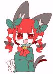  1girl :3 animal_ears bell blush bow braid cat_ears cat_tail choker collar dress extra_ears fang gesture green_dress highres kaenbyou_rin looking_at_viewer multiple_tails neck_bell nekomata op_na_yarou open_mouth pointy_ears red_eyes redhead slit_pupils smile solo tail touhou twin_braids 