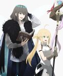  1boy 1girl ahoge artoria_pendragon_(caster)_(fate) artoria_pendragon_(fate) bangs bare_shoulders black_pants blonde_hair blue_eyes book cape cloak collared_shirt commentary_request diamond_hairband dress fate/grand_order fate_(series) fur-trimmed_cloak fur_trim gloves green_eyes grey_gloves grey_hair hair_between_eyes hand_in_hair highres holding holding_book holding_staff holding_weapon insect_wings long_hair long_sleeves looking_away medium_hair ne_f_g_o oberon_(fate) open_mouth pants pocket shirt sidelocks simple_background sleeveless sleeveless_dress smile spoilers staff teeth tongue twintails upper_body upper_teeth very_long_hair weapon white_background white_dress white_shirt wings 