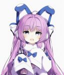  1girl absurdres ahoge animal_ears azur_lane bangs coat earmuffs eyebrows_visible_through_hair fake_animal_ears fur-trimmed_coat fur-trimmed_sleeves fur_trim grey_eyes hair_intakes highres long_hair looking_at_viewer open_mouth poppypilf purple_hair simple_background sleeves_past_fingers sleeves_past_wrists solo sweater tashkent_(azur_lane) upper_body white_background white_coat winter_clothes 