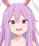  1girl :d animal_ears bare_shoulders blush commentary eyebrows_visible_through_hair face hair_between_eyes haruki_reimari highres long_hair portrait purple_hair rabbit_ears reisen_udongein_inaba simple_background smile solo touhou violet_eyes white_background 