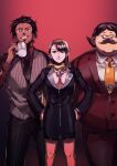  ace_attorney black_hair brown_eyes brown_hair cup diego_armando emergency_exi10 facial_hair glasses grin hair_slicked_back hands_on_hips holding holding_cup marvin_grossberg mia_fey mustache necktie red_background smile vest 