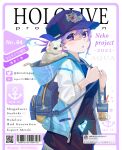  1girl absurdres apron backpack bag barcode baseball_cap blue_hair blue_headwear blue_jacket blue_nails blush bubble_tea cat cellphone character_print commentary cover cup drinking_straw english_text fake_cover from_side gradient_shirt hat highres holding_strap hololive hood hooded_jacket jacket long_sleeves looking_at_viewer magazine_cover minato_aqua multicolored_hair nail_polish neko_(minato_aqua) open_clothes open_jacket phone purple_hair qr_code shirt smartphone solo streaked_hair translation_request twitter violet_eyes virtual_youtuber yoshikawa_hiro 