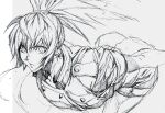  1girl ass bangs commentary_request crazy_eyes dark_persona gloves homare_(fool&#039;s_art) leona_heidern lineart looking_at_viewer military military_uniform monochrome orochi_leona outstretched_arms ponytail shorts simple_background sketch solo spread_arms the_king_of_fighters unfinished uniform white_background 