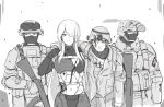  1girl 3boys ak-15_(girls&#039;_frontline) android arm_on_shoulder assault_rifle balaclava blood breasts bullet_hole damaged deep_wound english_commentary expressionless girls_frontline gun hair_over_one_eye helmet injury large_breasts leaning_on_person long_hair mask monochrome multiple_boys rifle selby sidelocks soldier very_long_hair weapon 