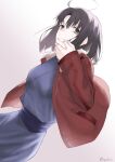  1girl ahoge black_hair dutch_angle egomeshi fur-trimmed_jacket fur_trim jacket japanese_clothes kara_no_kyoukai kimono looking_at_viewer obi red_jacket ryougi_shiki sash short_hair smile solo twitter_username white_background 