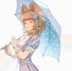  1girl absurdres after_rain animal_ears bangs blunt_bangs bow breasts brown_hair character_request cross-laced_clothes dress ears_down final_fantasy final_fantasy_xiv flower from_side gloves hair_flower hair_ornament hair_tassel highres holding holding_umbrella hydrangea kuroimori lace-trimmed_collar lace_trim lips looking_at_viewer medium_hair orange_eyes polka_dot polka_dot_umbrella puckered_lips purple_dress rabbit_ears rainbow short_sleeves simple_background solo umbrella upper_body viera water_drop white_background white_bow white_gloves 