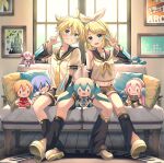  1boy banned_artist blonde_hair blue_eyes brother_and_sister commentary_request couch detached_sleeves doll hair_ornament hairclip headphones headset highres indoors kagamine_len kagamine_rin leg_warmers morning necktie picture_(object) pillow sailor_collar shorts siblings sitting_on_bench teeth twins vocaloid window wooden_floor yellow_necktie yuuka_nonoko 