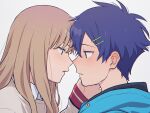  1boy 1girl asanaka_yomogi bangs blue_hair blue_jacket blush brown_eyes brown_hair brown_sweater collared_shirt eye_contact eyebrows_behind_hair from_side grey_background gridman_universe hair_ornament hairclip hetero hood hood_down hooded_jacket imminent_kiss jacket long_hair looking_at_another mikazuchi_zeus minami_yume parted_lips portrait profile shirt simple_background ssss.dynazenon sweater upper_body white_shirt 