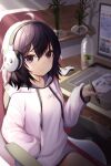  1girl ahoge bangs bare_legs black_eyes black_hair closed_mouth hair_between_eyes hand_in_pocket headphones highres holding holding_pen hood hood_down hooded_sweater indoors kimhu94 long_hair original pen sitting solo straight_hair sunlight sweater white_sweater 