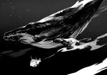  absurdres air_bubble bubble greyscale highres monochrome no_humans ocean one_piece outdoors submarine swimming tachibana_(7k_yj) underwater watercraft whale 