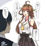  1boy 1girl admiral_(kancolle) ahoge black_skirt brown_hair commentary_request cowboy_shot detached_sleeves double_bun hairband headgear japanese_clothes kantai_collection kongou_(kancolle) long_hair popped_collar remodel_(kantai_collection) ribbon-trimmed_sleeves ribbon_trim shigure_ryuunosuke signature skirt solo_focus translation_request twitter_username white_background 