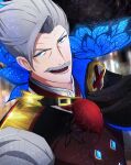  1boy :d black_gloves blue_eyes brown_jacket choco_(chocovix112) commentary facial_hair fate/grand_order fate_(series) forehead gloves grey_hair hand_up jacket james_moriarty_(fate) looking_at_viewer male_focus mustache shirt smile solo upper_body v-shaped_eyebrows white_shirt 
