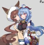  2girls absurdres ahoge animal_ears artist_name belt blue_hair breasts brown_hair crossover fur-trimmed_headwear ganyu_(genshin_impact) genshin_impact grey_background guardian_tales highres horns innuit_girl_coco kiiyodex large_breasts looking_at_another multiple_girls red_horns short_hair_with_long_locks sleeveless smile 