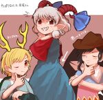  3girls antlers arrow_(symbol) bandana black_hair black_wings blonde_hair blue_dress blue_shirt blue_skirt brown_headwear chin_stroking closed_eyes closed_mouth cowboy_hat cowboy_western curly_hair detached_sleeves donki_(yeah) dragon_girl dragon_horns dress earrings eye_print hand_on_own_chin hat horizontal_pupils horn_ornament horn_ribbon horns horse_girl horse_tail jewelry kicchou_yachie kurokoma_saki multiple_girls off-shoulder_shirt off_shoulder pointy_ears rectangular_pupils red_eyes red_horns red_sleeves ribbon sharp_teeth sheep_horns shirt short_hair skirt sweat tail teeth thinking touhou toutetsu_yuuma translation_request turtle_shell white_bandana white_hair wings 