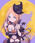  1girl abigail_williams_(fate) absurdres bangs bare_shoulders bikini black_bow black_headwear black_jacket blonde_hair blue_eyes blush bow breasts daisi_gi demon_tail demon_wings fate/grand_order fate_(series) forehead hair_bow halloween hat highres jacket lavinia_whateley_(fate) long_hair looking_at_viewer multiple_bows navel off_shoulder orange_bikini orange_bow parted_bangs polka_dot polka_dot_bow small_breasts smile stuffed_toy swimsuit tail wings witch_hat 