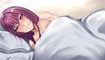  1girl bangs bed_sheet breasts collarbone fate/grand_order fate_(series) grin hair_between_eyes highres large_breasts long_hair looking_at_viewer nude purple_hair red_eyes scathach_(fate) smile solo sweat whiteblueicemoon 
