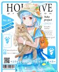  1girl absurdres animal animal_ears backpack bag bangs barcode blue_choker blue_dress blue_hair blush bracelet brown_headwear cat cat_ears choker closed_mouth commentary cover don-chan_(usada_pekora) dress earrings ears_through_headwear expressionless eyebrows_visible_through_hair fake_animal_ears fake_cover hat highres holding holding_animal holding_cat hololive jewelry looking_at_viewer magazine_cover multicolored_hair qr_code rabbit_ears red_eyes short_eyebrows short_sleeves smile solo streaked_hair thick_eyebrows translation_request usada_pekora virtual_youtuber white_hair yoshikawa_hiro 