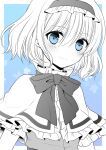  1girl alice_margatroid bangs blue_background blue_eyes bow capelet frilled_hairband frills hair_between_eyes hairband irino light_blush looking_at_viewer monochrome shirt short_hair short_sleeves smile solo spot_color touhou upper_body 