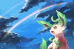  :d artist_name clouds commentary double_rainbow kira_(kira_dra) leafeon looking_up no_humans open_mouth pokemon pokemon_(creature) rainbow sky sky_focus smile water_drop yellow_eyes 