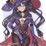  1girl black_gloves blue_eyes cape choker earrings etoria fur_trim genshin_impact gloves hair_ornament hand_on_hip hat highres jewelry looking_at_viewer mona_(genshin_impact) pantyhose purple_hair star_(symbol) star_choker star_earrings star_hair_ornament twintails witch_hat 