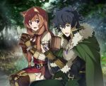 1boy 1girl :d animal_ears armor bangs belt black_belt black_hair black_sleeves boots breastplate brown_footwear brown_gloves brown_hair cape commentary cup eyebrows_visible_through_hair fingerless_gloves fur_trim gem gloves grass green_cape green_eyes green_pants high_collar highres holding holding_cup holding_jewelry iwatani_naofumi jewelry long_hair looking_at_object nyoro_(nyoronyoro000) open_mouth outdoors pants raccoon_ears raccoon_girl raphtalia red_ribbon ribbon shield short_hair sidelocks sitting smile sweater tate_no_yuusha_no_nariagari thigh-highs thigh_boots tree very_long_hair violet_eyes white_sweater 
