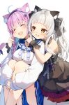  2girls ^_^ absurdres ahoge animal_ear_fluff animal_ears bangs bare_arms black_dress black_ribbon blue_bow blue_bowtie blue_choker blue_hair blue_hairband blue_ribbon blue_sailor_collar blue_skirt bow bowtie braid breasts brown_eyes cat_ears cat_girl cat_tail cheek_pinching choker closed_eyes commentary_request darjeeling_(reley) dress eyebrows_visible_through_hair frilled_ribbon frilled_sailor_collar frills hair_ribbon hairband highres hololive hugging_own_legs knees_up large_breasts long_hair long_sleeves looking_at_another minato_aqua multicolored_hair multiple_girls murasaki_shion open_mouth pantyhose pinching pink_hair pleated_skirt puffy_long_sleeves puffy_sleeves ribbon ribbon_choker sailor_collar shirt short_eyebrows silver_hair simple_background sitting skirt strapless strapless_dress tail tail_ornament tail_ribbon teeth two-tone_hair upper_teeth virtual_youtuber white_background white_shirt wrist_cuffs 