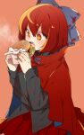  +_+ 1girl bangs black_shirt blue_bow blush bow breasts burger buttons cape commentary_request fingernails fingers food hair_between_eyes hair_bow holding holding_food hot long_sleeves medium_breasts open_mouth pleated_skirt red_background red_cape red_eyes red_ribbon red_skirt redhead ribbon ribbon-trimmed_bow sekibanki shiny shiny_hair shirt short_hair simple_background skirt solo standing steam teeth tissue touhou twitter_username two-sided_cape two-sided_fabric unkmochi upper_teeth 