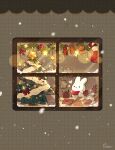  animal bow box candy candy_cane christmas christmas_ornaments christmas_stocking christmas_tree closed_mouth cup danby_merong food from_outside gift gift_box heart highres no_humans original rabbit red_bow red_scarf saucer scarf signature smile snowing solid_circle_eyes star_(symbol) steam window 