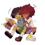  +++ 2girls amphibia anne_boonchuy book brown_eyes brown_hair closed_eyes dark-skinned_female dark_skin full_body green_skirt grin hair_ornament hairclip highres hikiomor holding holding_book hood hoodie hug hug_from_behind marcy_wu motion_lines multiple_girls on_floor one_eye_closed purple_skirt school_uniform shirt shoes short_hair simple_background sitting skirt smile sneakers t-shirt white_legwear 