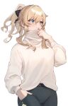  1girl blonde_hair blue_eyes blush bow casual cowboy_shot cross cross_earrings denim earrings genshin_impact hair_bow hand_in_pocket highres jean_(genshin_impact) jewelry long_sleeves looking_to_the_side pants ponytail simple_background smile sooon sweater turtleneck turtleneck_sweater white_background white_sweater 