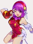  1girl ;d asamiya_athena bangs breasts china_dress chinese_clothes dress eyebrows_visible_through_hair fingerless_gloves gloves hair_ribbon hairband highres looking_at_viewer medium_breasts one_eye_closed oni_gini open_mouth purple_hair red_dress ribbon short_hair short_shorts shorts simple_background smile solo star_(symbol) the_king_of_fighters the_king_of_fighters_xv v violet_eyes white_background white_ribbon 
